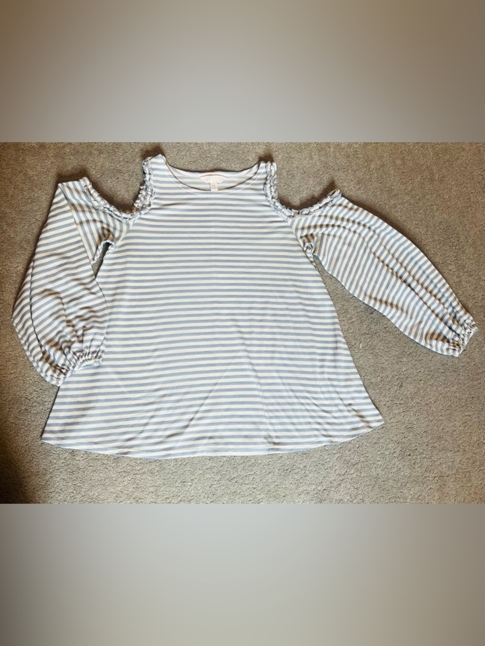 LC Lauren Conrad White and Light Blue Striped Cold-Shoulder Tunic